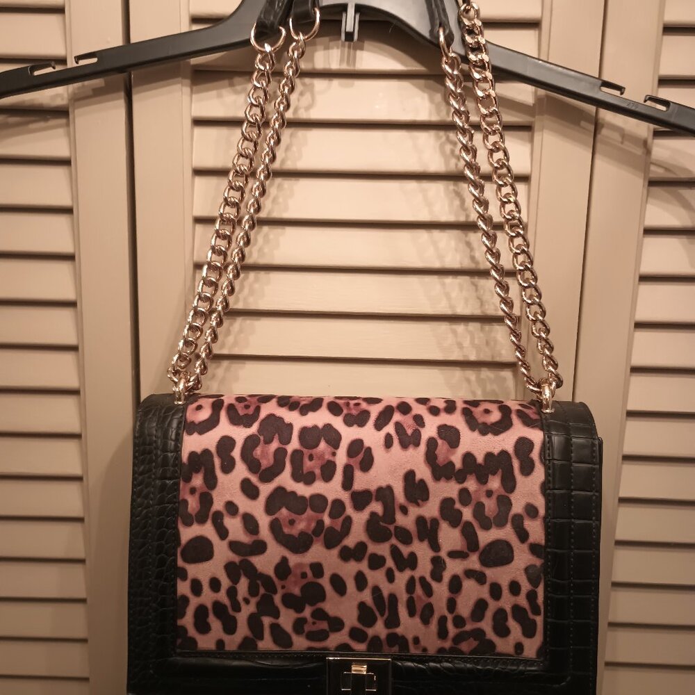 INC Ajae Light Leopard/Gold Flap Crossbody Bag.